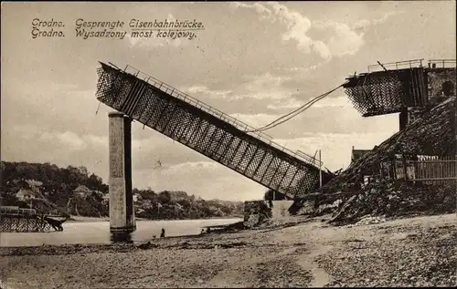 Ak Hrodna Grodno Weißrussland, Gesprengte Eisenbahnbrücke, Kriegszerstörungen, I WK