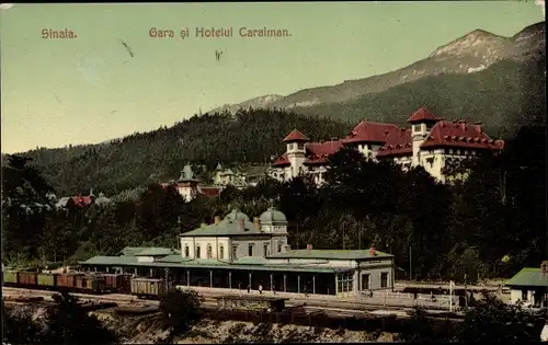 Ak Sinaia Rumänien, Gara si Hotelul Caraiman, Bahnhof, Gleisseite