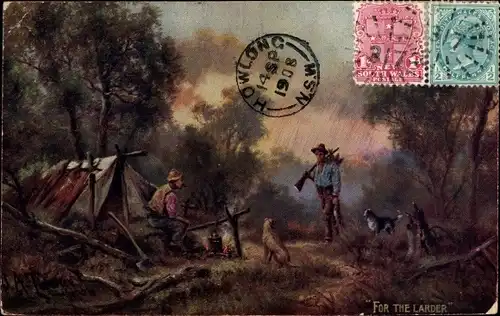 Künstler Ak For the Larder, Jäger, Hunde, Zelt, Lagerfeuer
