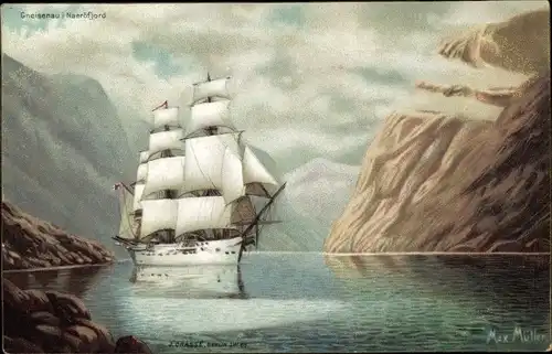 Künstler Litho Müller, Max, Naeröfjord Norwegen, Deutsches Kriegsschiff, SMS Gneisenau
