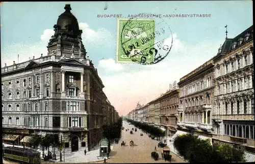 Ak Budapest Ungarn, Andrassy ut., Andrassystraße, Straßenbahn