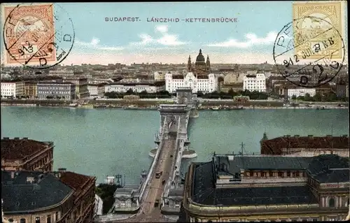 Ak Budapest Ungarn, Lanchzhid, Kettenbrücke, Stadtblick
