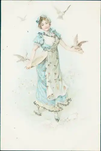Glitzer Litho Noble Frau in blauem Kleid, Tauben