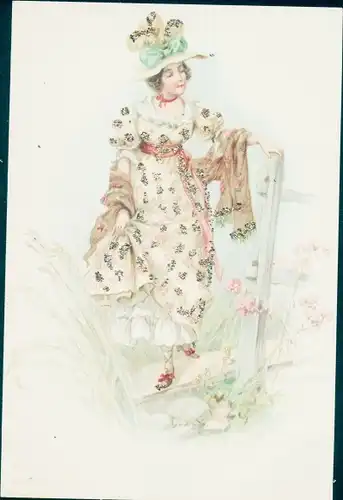 Glitzer Litho Noble Frau mit Hut, Blaue Schleife, Spaziergang, Kleid