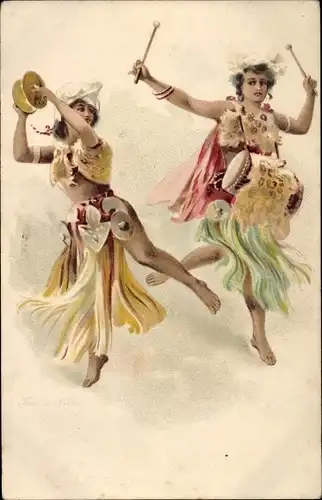 Litho Zwei Tänzerinnen, Strohrock, Trommel, Tracht