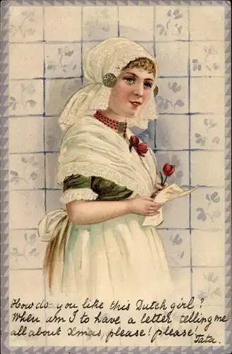 Litho Junge Frau in Tracht, Kopftuch, Tulpe, Brief