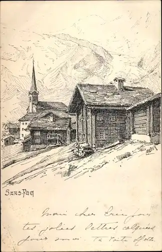 Künstler Litho Saas Fee Kanton Wallis, Ortsansicht, Wohnhaus, Kirche, Berge