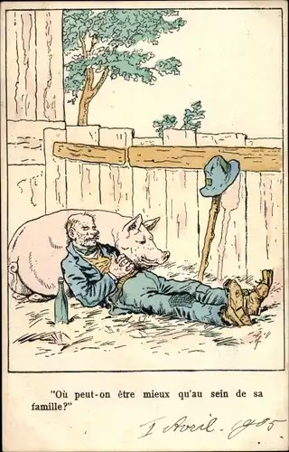 Ak Bauer neben einem Schwein liegend, Pause, Flasche, Ou peut on etre mieux qu'au sein de sa ....