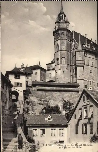 Ak Fribourg Freiburg Stadt Schweiz, Le Court Chemin et l'Hotel de Ville