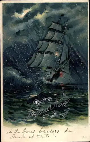 Mondschein Litho Glückwunsch Weihnachten, Segelschiff, Sturm