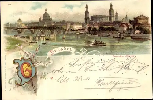 Litho Dresden Altstadt, Blick zur Altstadt, Brücke