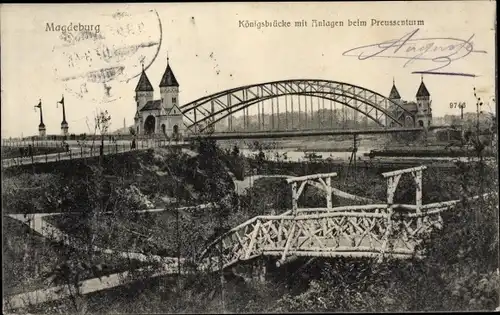 Ak Magdeburg an der Elbe, Königsbrücke mit Anlagen beim Preussenturm, Holzbrücke