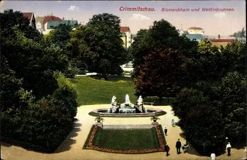 Ak Crimmitschau in Sachsen, Bismarckhain und Wettinbrunnen