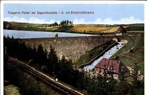 Ak Malter Dippoldiswalde im Osterzgebirge, Talsperre mit Elektritzitätswerk, Bahnschienen