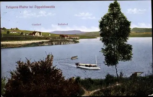 Ak Malter Dippoldiswalde im Osterzgebirge, Talsperre Malter, Gasthof, Bahnhof, Salondampfer, Ufer
