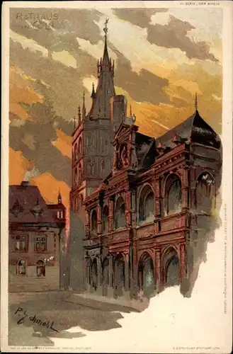 Künstler Litho Schmohl, Köln, Rathaus bei Dämmerung