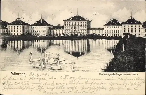 Ak Nymphenburg München Bayern, Vorderansicht Schloss Nymphenburg, Gewässer mit Schwänen