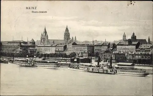 Ak Mainz am Rhein, Blick vom Rhein auf die Stadt, Schiffe, Türme