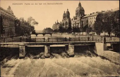Ak München, Partie an der Isar mit Steinsdorfstraße, Brücken