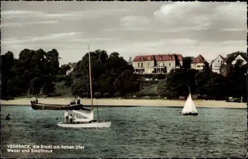 Ak Vegesack Hansestadt Bremen, Blick von der Weser auf das Stadthaus, Segelboote