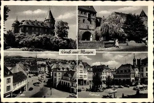 Ak Mayen in der Eifel, Genovevaburg, Brückentor, Marktplatz, Rathaus