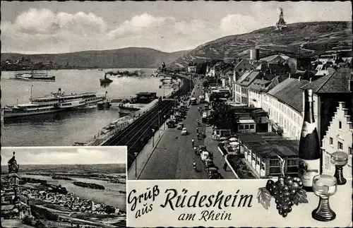 Ak Rüdesheim am Rhein, Promenade, Häuser, Gesamtansicht, Wein, Dampfer