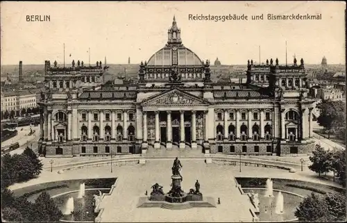 Ak Berlin Tiergarten, Reichstagsgebäude und Bismarckdenkmal