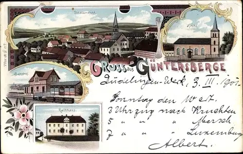 Litho Güntersberge Harzgerode am Harz, Kirche, Bahnhof, Rathaus, Gesamtansicht