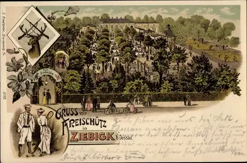 Litho Ziebigk Dessau Sachsen Anhalt, Gastwirtschaft Zum Freischütz, Garten, Hirsch, Tennisplätze