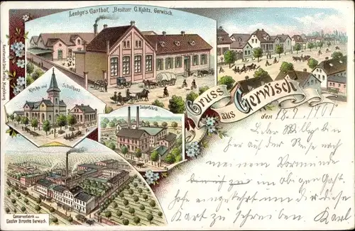 Litho Gerwisch Biederitz, Lentge's Gasthof, Kirche, Schulhaus, Zuckerfabrik, Conservenfabrik