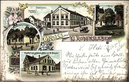 Litho Klein Rodensleben Wanzleben, Danzmann's Gasthof, Gasthof z. gold. Stern, Inh. Trippler, Kirche