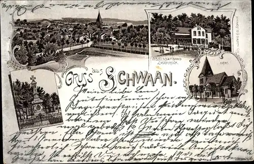 Litho Schwaan in Mecklenburg, Kirche, Kriegerdenkmal, Gesellschaftshaus Lindenbruch