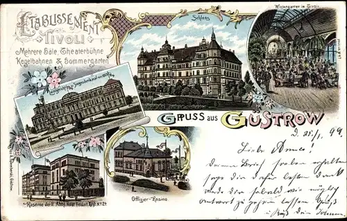 Litho Güstrow in Mecklenburg, Etablissement Tivoli, Landgericht, Kaserne, Schloss, Offizierkasino