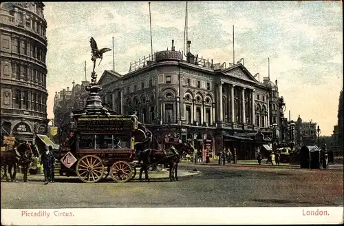 Ak London City, Piccadilly Circus, horse drawn carriage, London Pavillon building