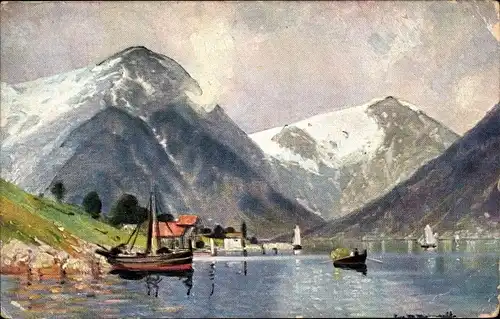 Künstler Ak Meinzolt, Balestrand Sognefjord Norwegen, Hafen, Fischerboot, Berge