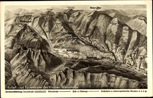 Landkarten Ak Mittelberg im Kleinwalsertal Vorarlberg, Umgebung, Relief- und Tourenkarte