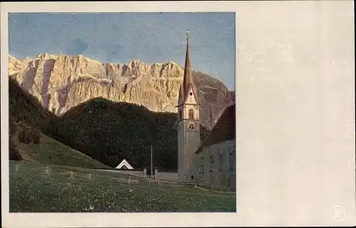 Ak Gröden Südtirol, St. Maria Kirche, Blick auf die Alpen