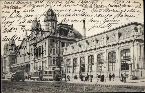 Ak Budapest Ungarn, Westbahnhof, Straßenbahn