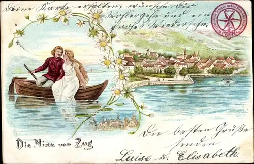 Litho Zug Stadt Schweiz, Die Nixe von Zug, Mann im Boot