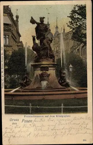 Ak Poznań Posen, Perseusbrunnen auf dem Königsplatz