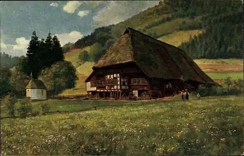 Künstler Ak Hoffmann, H., Schwarzwald, Schwarzwaldhaus mit Kapellchen