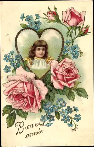 Litho Neujahr, Bonne année, Kinderportrait, Herz, Rosen, Vergissmeinnicht