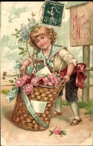 Litho Neujahr, Bonne Année, Kind mit Korb, Rosen