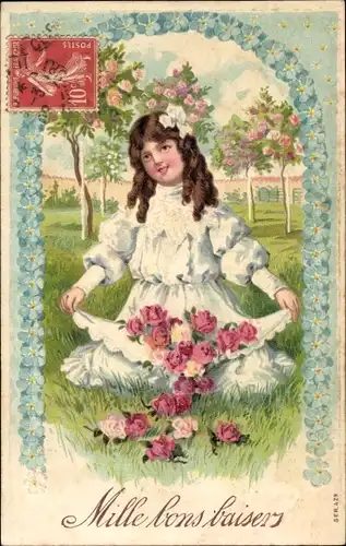 Litho Mille bons baisers, Mädchen im weißen Kleid, Rosen, Vergissmeinnicht