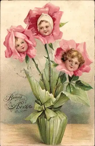 Litho Neujahr, Bonne Année, Kindergesichter in Rosenblüten