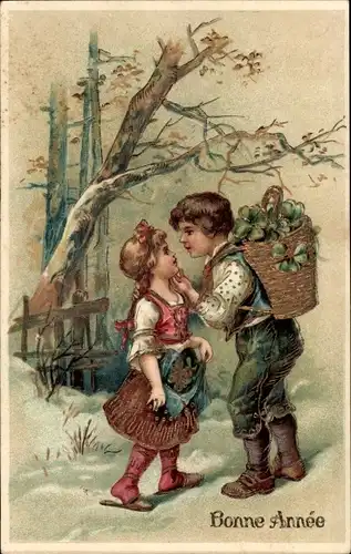 Litho Bonne Année, Neujahr, Kinder, Kleeblätter