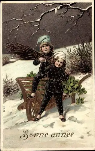 Litho Bonne Année, Neujahr, Kinder als Schornsteinfeger, Schubkarre, Kleeblätter