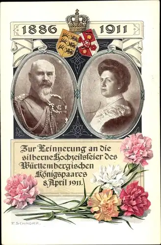 Ak König Wilhelm II. von Württemberg, Marie zu Waldeck und Pyrmont, Silberhochzeit 1911, Wappen