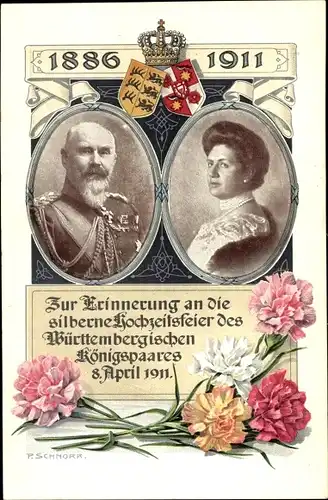 Ak König Wilhelm II. von Württemberg, Marie zu Waldeck und Pyrmont, Silberhochzeit 1911, Wappen