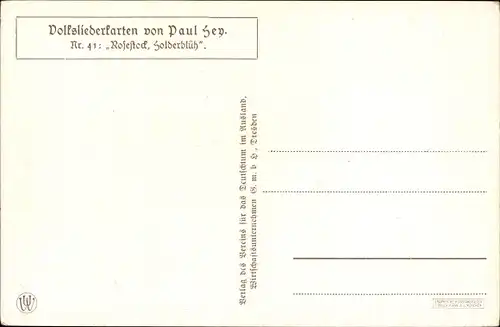 Lied Ak Hey, Paul, Volksliederkarte Nr. 41, Rosestock, Holderblüh, Frau gießt Kohlköpfe